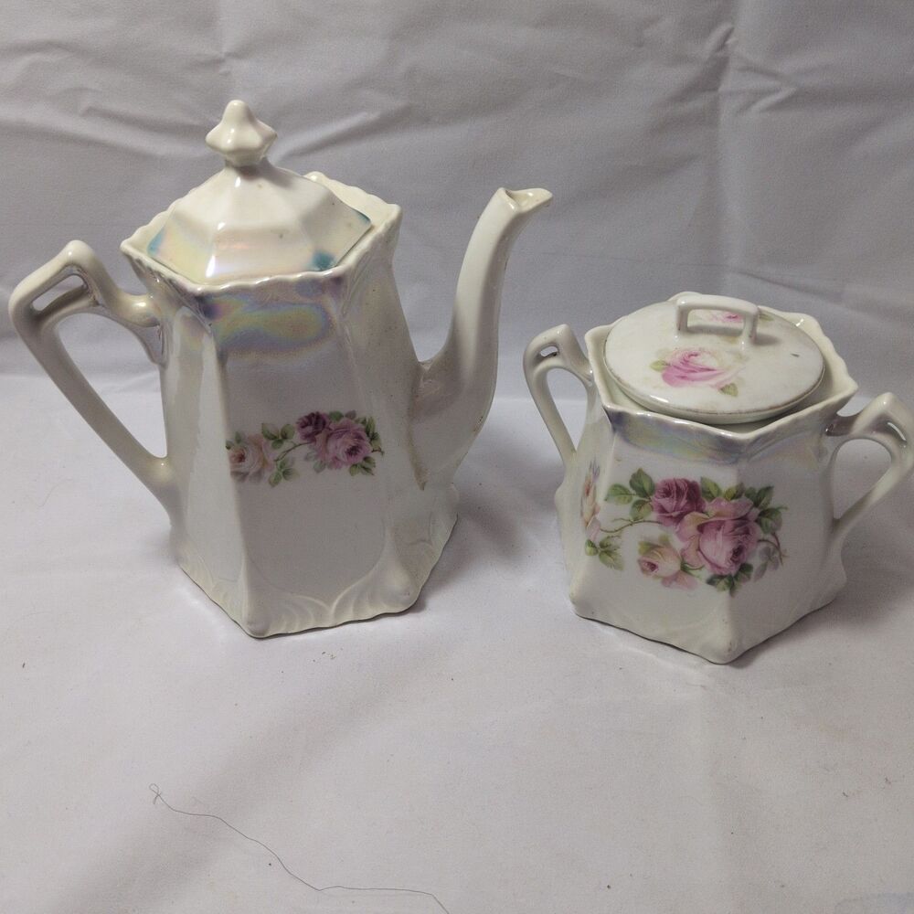 Antique Greiner & Herda Germany Lusterware Hexagonal Sugar / Creamer 1308